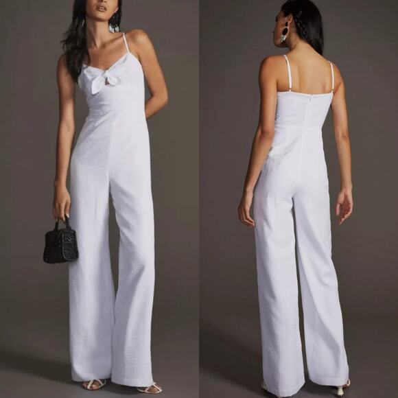 Hutch Savannah White Seersucker Bow Front Wide Leg Jumpsuit Size 2 XS Preowned - Picture 3 of 11